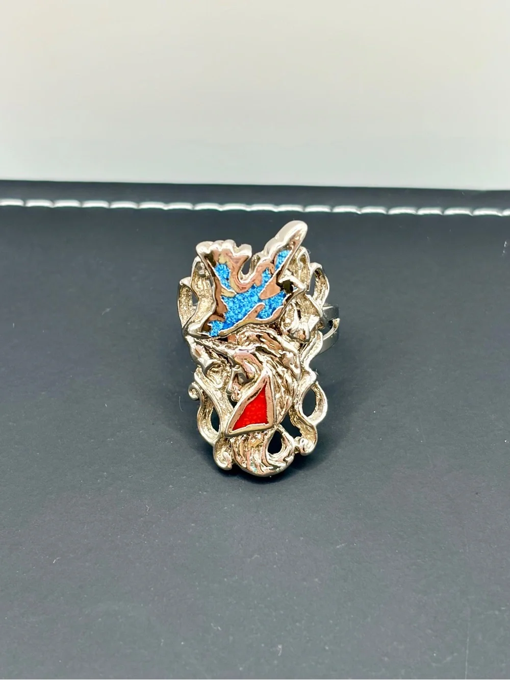 Tribal Silver Plated Statement Ring with Turquoise and Coral Accents
